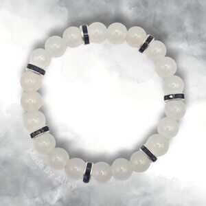 Handmade White 8mm Round Glass Beaded Bracelet with Black Rhinestone Spacers